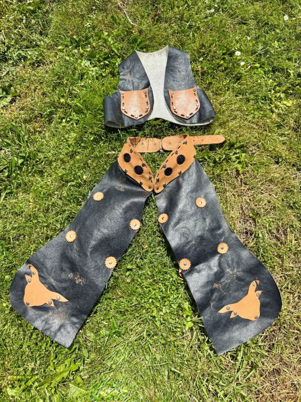 Vintage 1960s Western Costume Set Featuring Black And Leather Chaps and Vest